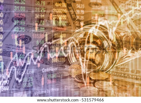 Coins spilling out of a glass bottle and american dollars money over the LED display Stock market exchange data background, Business investment and trading concept