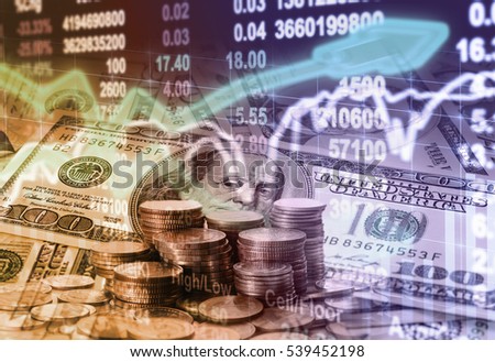 Stack of coins and american dollars money over the LED display Stock market exchange data background, Business investment and trading concept