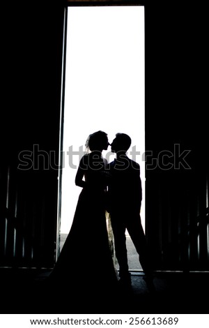 Bride and groom kissing silhouette on their wedding