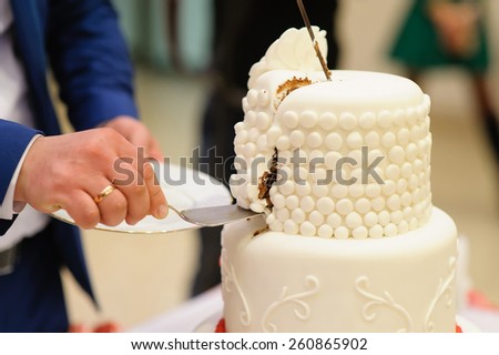 bride and groom are Slicing the wedding cake on reception