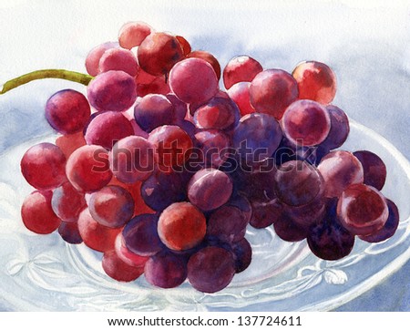 Red Grapes.  Watercolor of red-violet grapes on a crystal plate