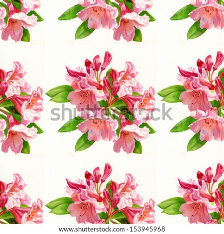 Pink And Peach Rhododendron Repeated Design. Watercolor Illustration Of Pink And Peach Rhododendron Blossoms In A Repeated Seamless Design With A White Background.