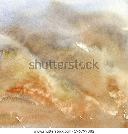 Sienna and gray watercolor landscape shapes.Colors of gray, light blue, burnt sienna, tan and brown make up this watercolor abstract painting