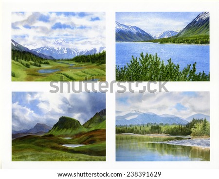 Four Watercolor Landscapes with Mountains.  This is a poster, collage, with four landscapes, mountains, skies, clouds, watercolor use for clip art.