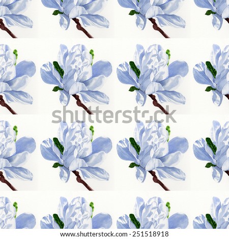 White Star Magnolia Blossom on branch repeated design.  Hand painted watercolor illustration image of a white star magnolia on a white background repeated design