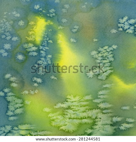 Blue, Green, Yellow Abstract Watercolor Design 5. Watercolor abstract painting with textures, bright colors of yellow, green, blue green in a square design.