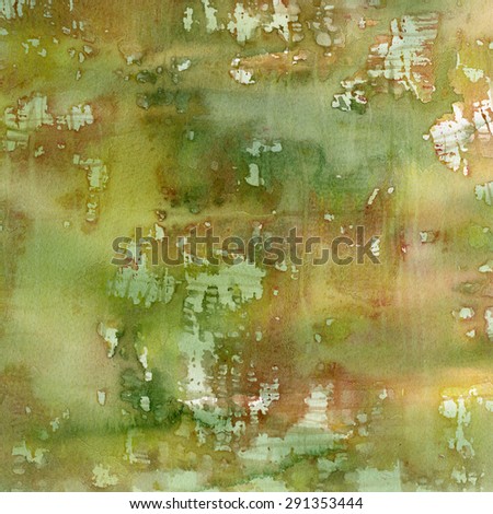 Neutral green and sienna watercolor patched texture square.  Hand painted watercolor painting with colors of green, neutral green, tan, brown, and sienna