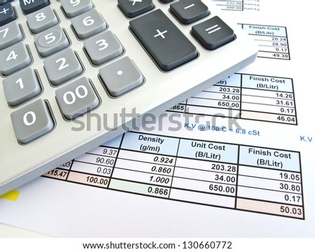 The calculator with cost document sheet