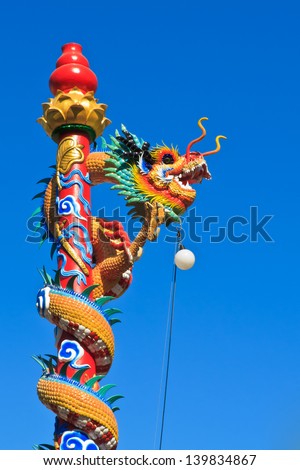 Chinese dragon pole with blue sky
