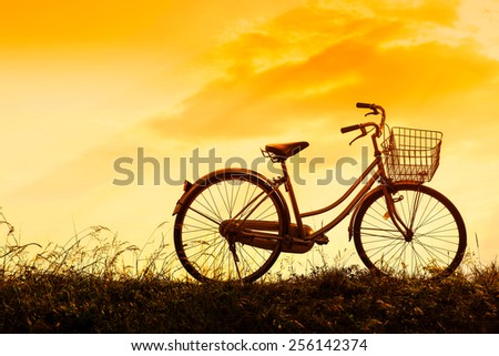 Silhouette of Retro bicycle in summer grass field at sun set