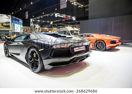 BANGKOK - March 27, 2015 : Lamborghini Aventador super car on display at The 36th Bangkok International Motor show on March 27, 2015 in Bangkok, Thailand.
