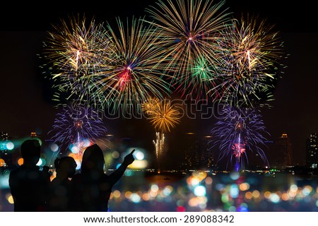 The happy family looks celebration fireworks in the night sky