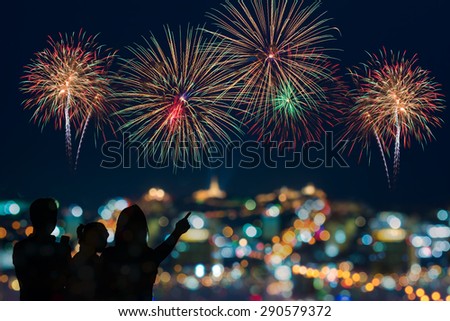 The happy family looks celebration fireworks in the night sky