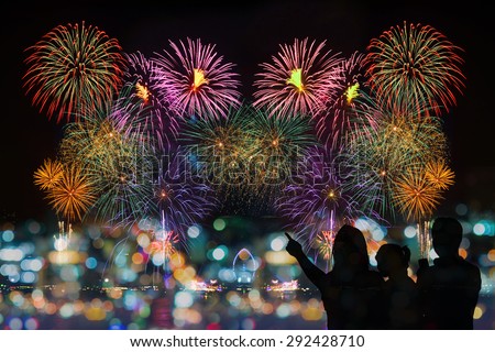 The happy family looks celebration fireworks on the night sky