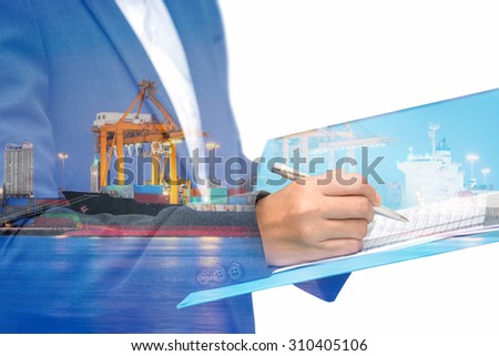 double exposure of Business woman inspect a document with blur ship and port at night