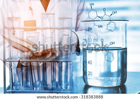 Double exposure of scientist and lab glassware, laboratory concept