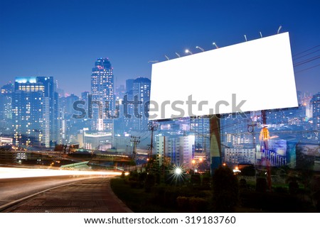 double exposure of blank billboard on city night