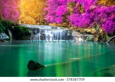 Waterfall in autumn forest at Erawan waterfall National Park, Thailand