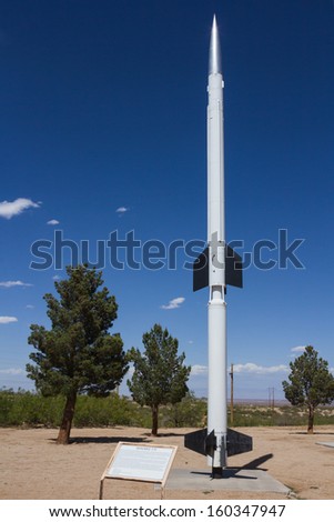 EL PASO, NEW MEXICO - MAY 2013: Aerobee rocket  in White Sands Missile Range museum. Here can trace the origin of America\'s missile and space activity and find out how the atomic age began.