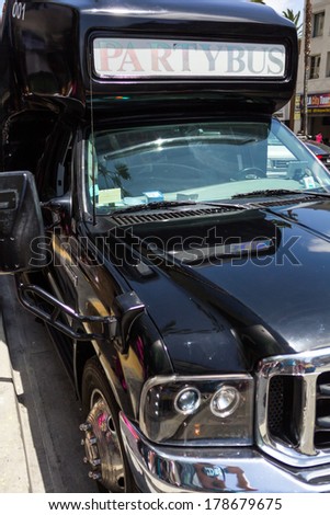 Los Angeles, CA, USA - MAY 27 2013: Black luxurious limousine party bus