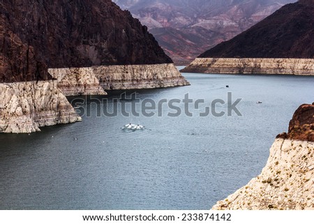 Landscape of Lake Mead from Hoover Dam, on the border between US states Arizona and Nevada.