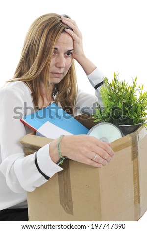Sad Desperate Business Woman on her 40s in stress carrying Cardboard Box  with office stuff Fired from Job for Financial Crisis facing unemployment issue isolated on White background