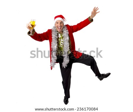 happy drunk rake senior businessman in Champagne Christmas toast celebrating xmas party at work wearing Santa hat and red jacket isolated on white background