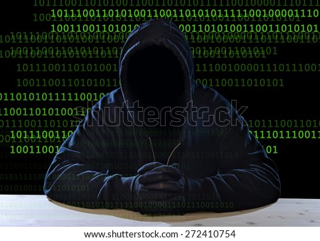 hacker man without face in black hood mask and gloves sitting  in business digital crack , assault of privacy and coded data, hacking expert sensitive information cracker and cyber crime concept