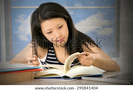 pretty chinese asian young girl reading and studying with school books and computer laptop at home studio desk in education concept