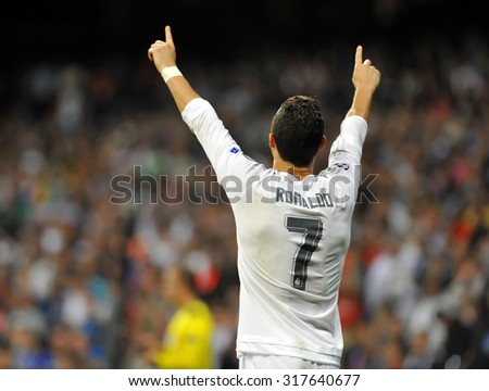 MADRID, SPAIN - September 15th, 2015 :  CRISTIANO RONALDO of REAL MADRID celebrates scoring goal during UEFA Champions League match vs SHAKHTAR DONETSK at Santiago Bernabeu Stadium