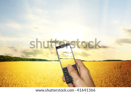 cell phone in hand and country sunset