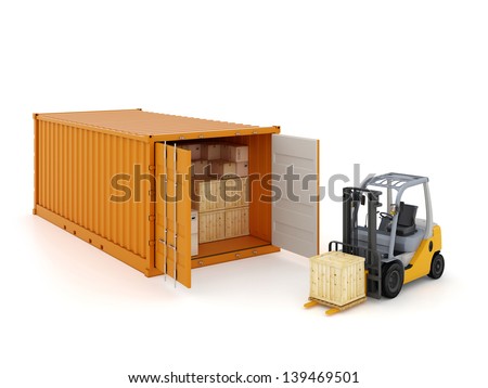 Cargo container with forklift isolated on white Cargo container with forklift isolated on white