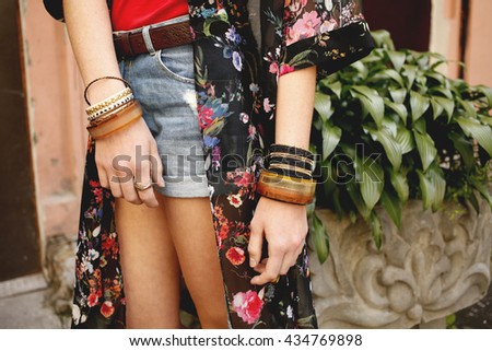 Stylish denim shorts. Details. Youth summer fashion, boho, bohemian, hippy vibes. Photo toned style instagram filters