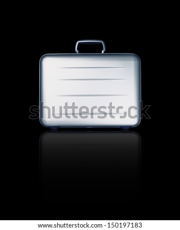 Upright metal attache case with reflection on black background.