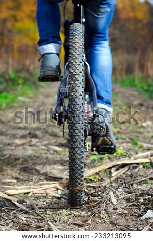 Tire protector of mountain bike wheel in autumn forest, close-up
