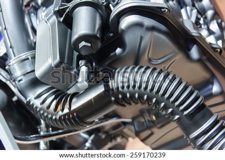 Car engine, concept of modern automobile motor with metal, chrome, plastic parts