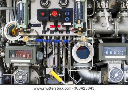 Firetruck pumping and valve control panel, firefighter car equipment of emergency vehicle, rescue service