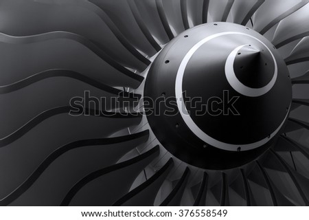 Turbine blades of turbo jet engine for passenger plane, aircraft concept, aviation and aerospace industry