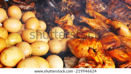 The Thai Grilled Food Egg, Chicken, Chicken Intestine, Pork, Sausage.