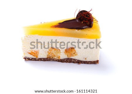 Delicious mango cake isolated on white background