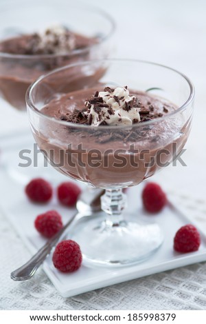 Chocolate cream dessert with whipped cream in glass