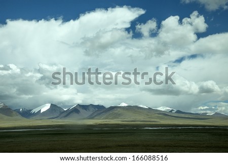 Tibet\'s snow-capped mountains in China river