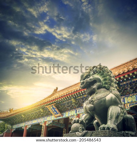In Beijing, China, copper lions and ancient architecture, a Chinese symbol.