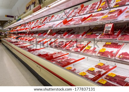 Madison, Nj, United States - February 13, 2014: Meat Aisle In An American Supermarket. The Meat Industry In The Us Is A Powerful Political Force, Both In The Legislative And The Regulatory Arena.