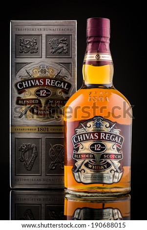 CHATHAM, NJ, UNITED STATES - MAY 4, 2014: Chivas Regal box and whisky bottle. Chivas Regal is the market-leading scotch whisky 12 years and above in Europe and Asia Pacific.