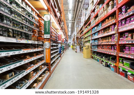 EAST HANOVER, NJ, UNITED STATES - MAY 6, 2014: Aisle in a Home Depot hardware store. The Home Depot is the largest american home improvement retailer with more than 120 million visitors annually