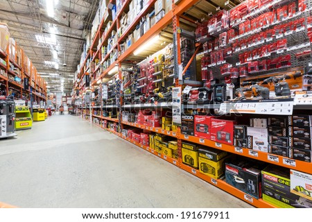 EAST HANOVER, NJ, UNITED STATES - MAY 6, 2014: Power tools aisle in a Home Depot hardware store. The Home Depot is the largest american home improvement retailer with over 120 millions visitors yearly