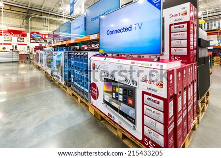 CHRISTIANA, DELAWARE, USA - SEPTEMBER 06, 2104: TV aisle in a Costco store. Costco Wholesale Corporation, a membership only warehouse club, is the second largest retailer in USA.