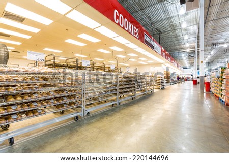 EAST HANOVER, NJ, USA - SEPTEMBER 27, 2104: Bakery aisle in a Costco store. Costco Wholesale Corporation, a membership only warehouse club, is the second largest retailer in USA.