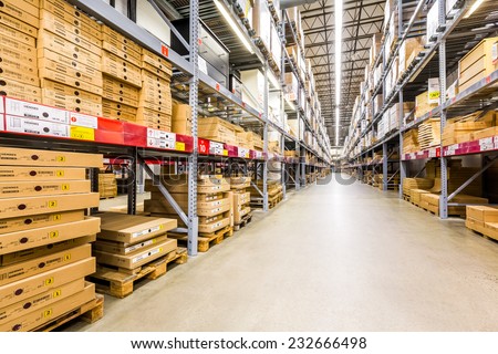 ELIZABETH, NJ, USA - NOVEMBER 23, 2014: Warehouse aisle in an IKEA store. Founded in 1943, IKEA is the world\'s largest furniture retailer. IKEA operates 351 stores in 43 countries.